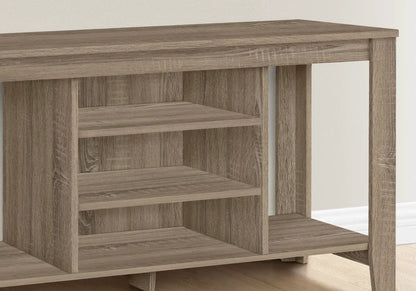 TV stand console with open storage shelves in warm oak finish by Unique Piece Furniture on Tampa Home & Garden Store