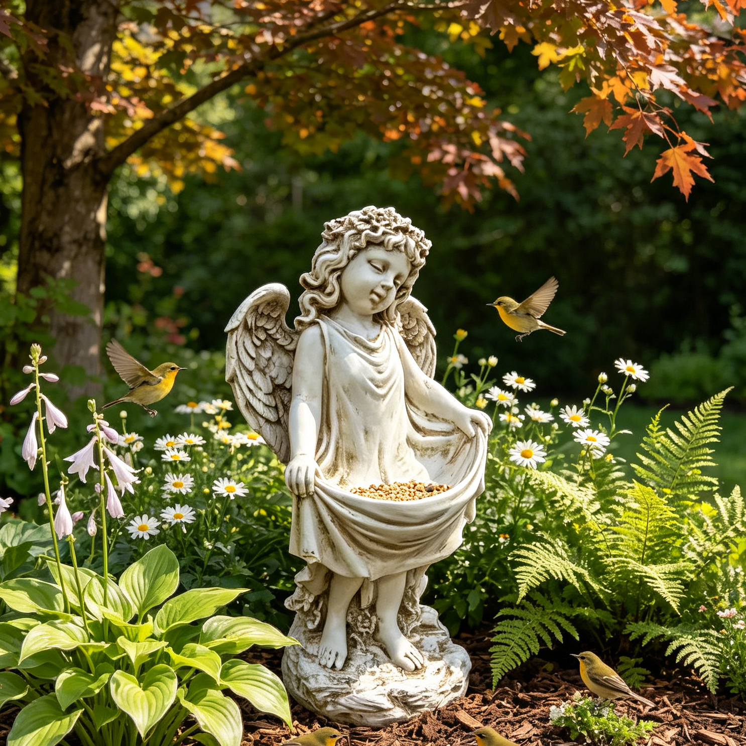 Weathered angel cherub garden statue by HouseOfZazla, stone-gray finish amid daisies on Tampa Home & Garden Store