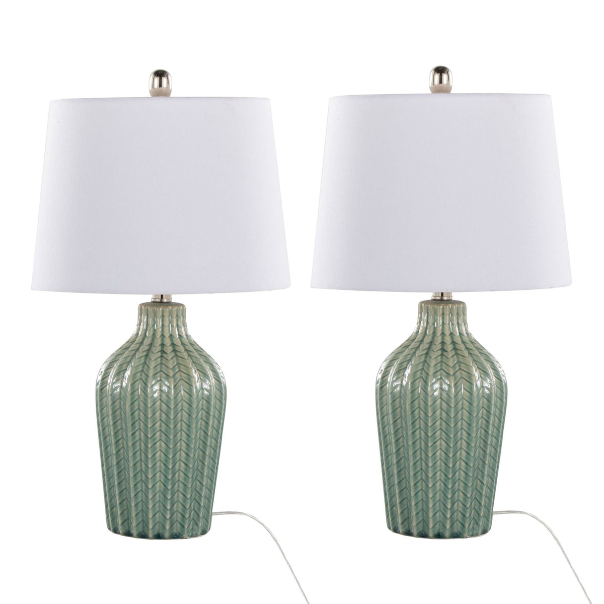 Rockwell lamp set (2) by HouseOfZazla white shades, green ribbed ceramic bases with gold finials on Tampa Home & Garden Store