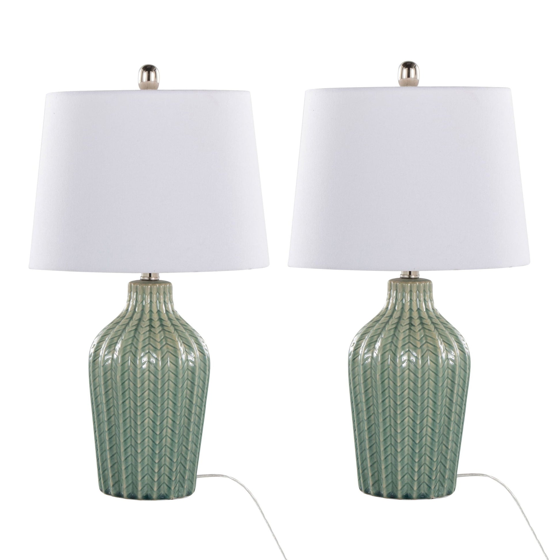Rockwell lamp set (2) by HouseOfZazla white shades, green ribbed ceramic bases with gold finials on Tampa Home & Garden Store