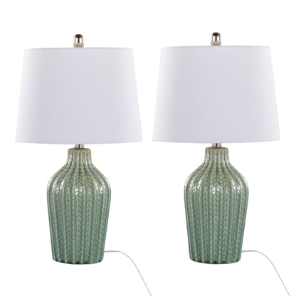 Rockwell lamp set (2) by HouseOfZazla white shades, green ribbed ceramic bases with gold finials on Tampa Home & Garden Store