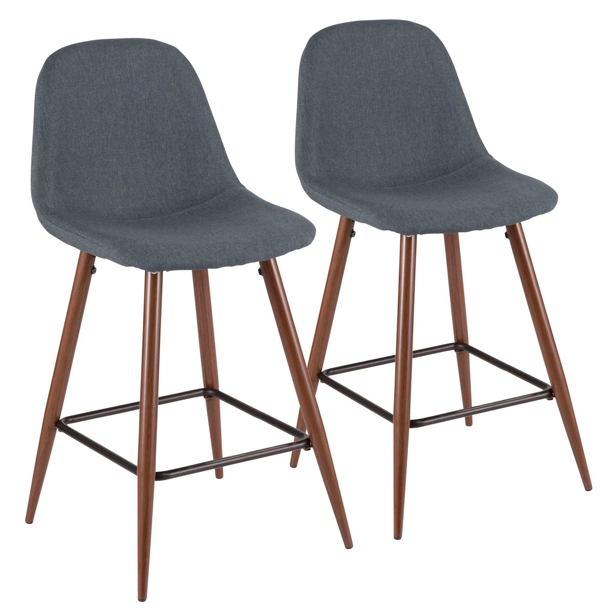 Mid Century Modern counter stools with blue upholstered seats, wooden legs and metal footrests on Tampa Home & Garden Store