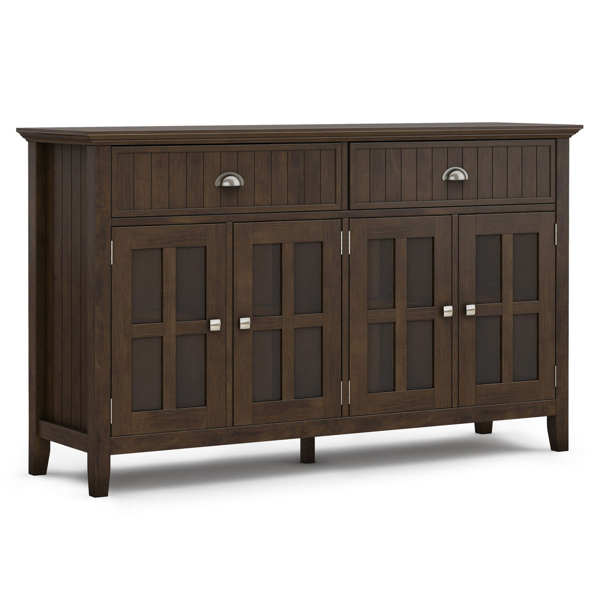 Large brown solid pine sideboard buffet with two top drawers and paneled doors on Tampa Home & Garden Store