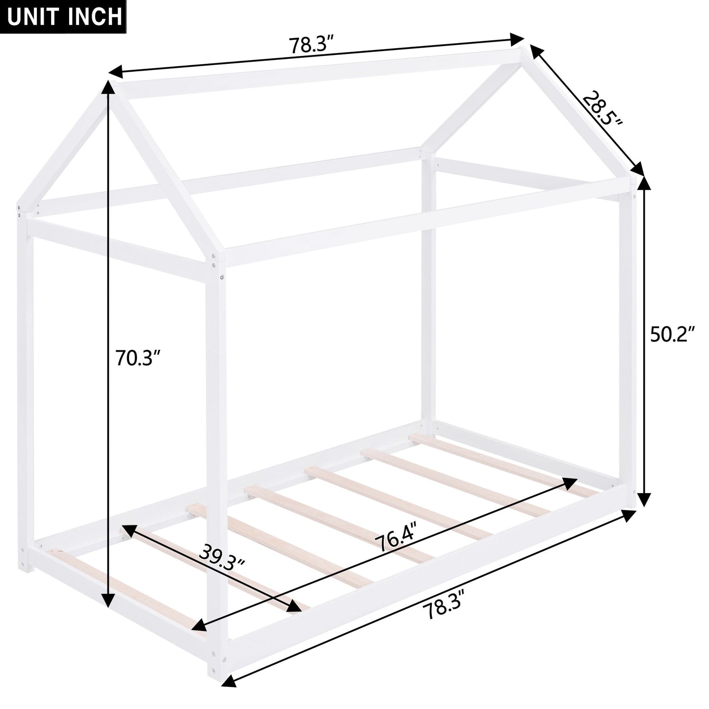 HouseOfZazla white wooden house-shaped platform bed frame with slatted mattress support on Tampa Home & Garden Store