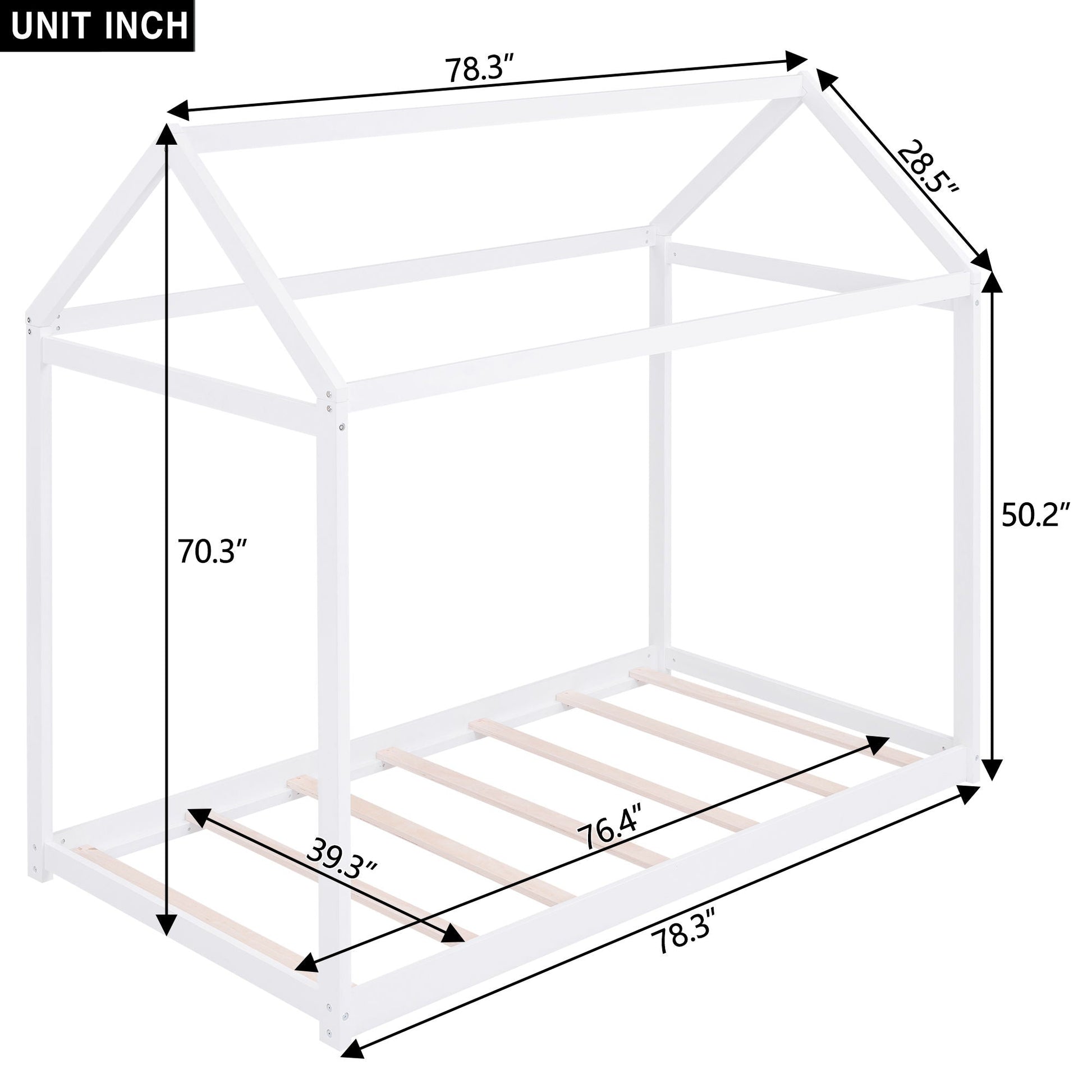 HouseOfZazla white wooden house-shaped platform bed frame with slatted mattress support on Tampa Home & Garden Store