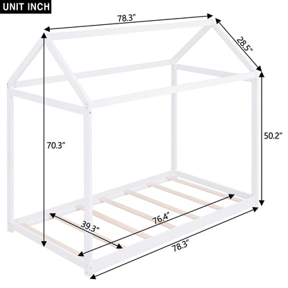 HouseOfZazla white wooden house-shaped platform bed frame with slatted mattress support on Tampa Home & Garden Store