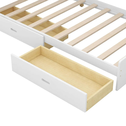 Platform Bed With Storage Headboard, Shelves And 2 Drawers, white frame with wood slats on Tampa Home & Garden Store
