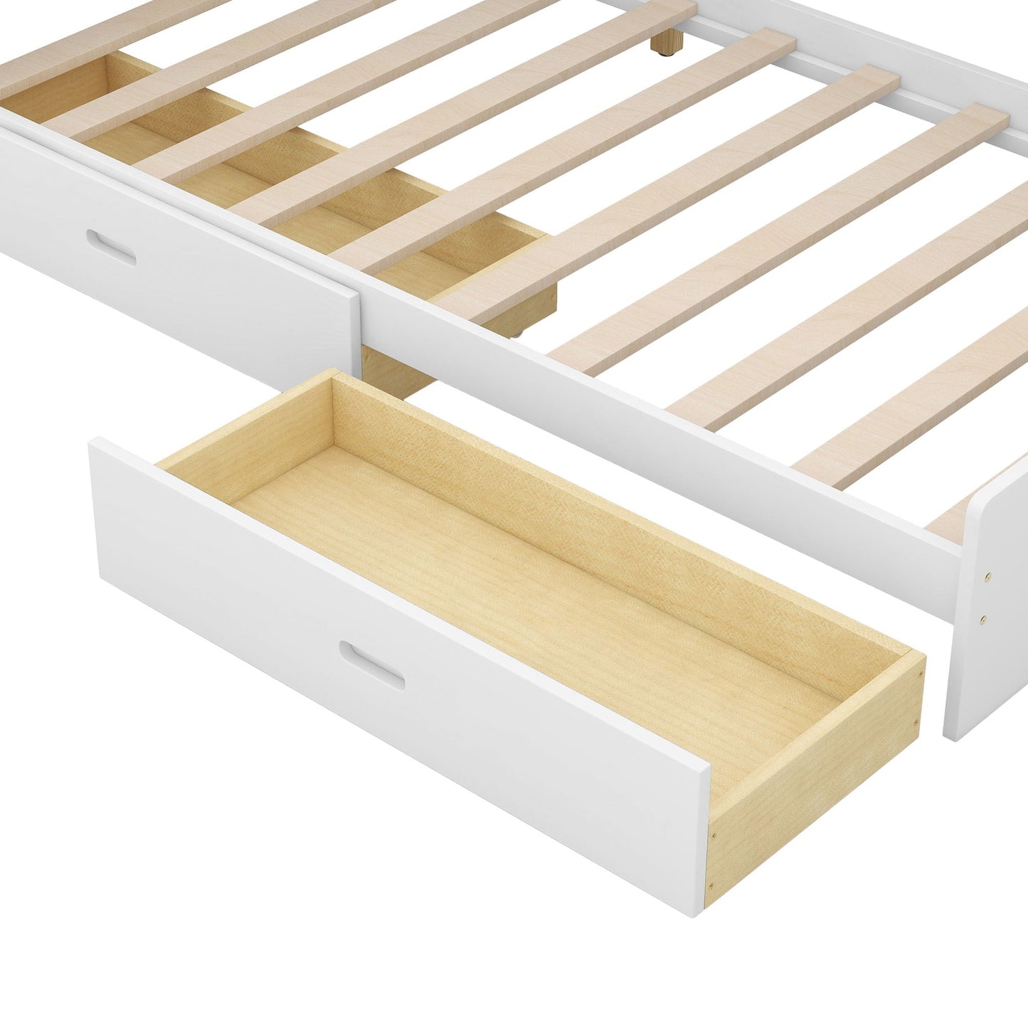 Platform bed frame with white finish, natural wood slats, and two under-bed drawers on Tampa Home & Garden Store