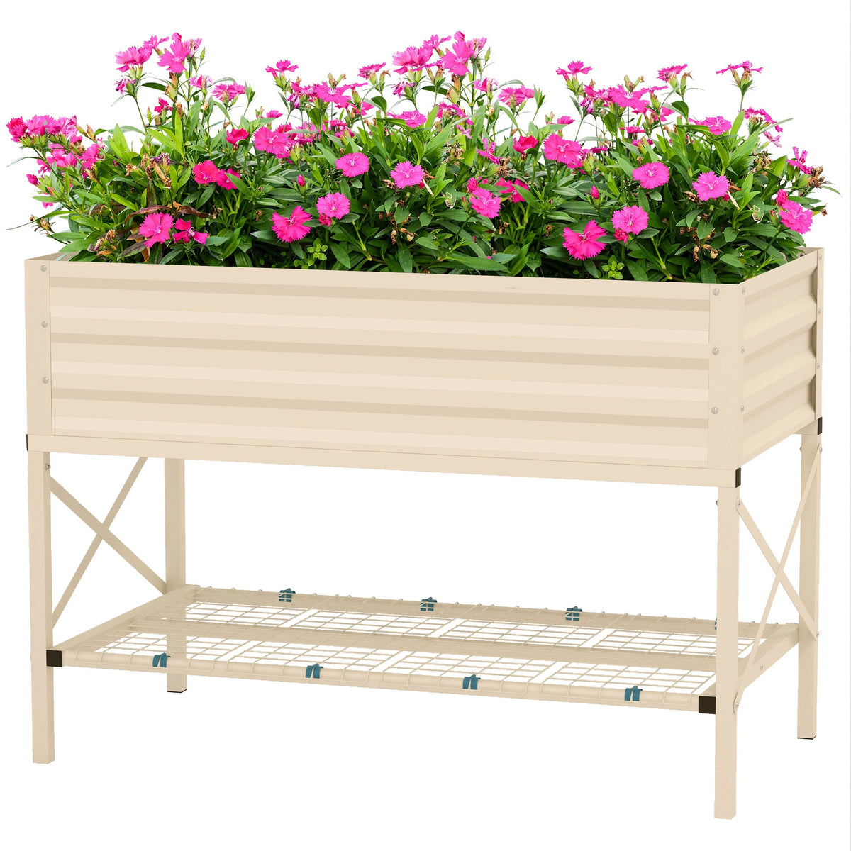 Galvanized steel raised garden bed with bottom shelf filled with pink flowers on Tampa Home & Garden Store