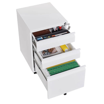 White three-drawer locking filing cabinet with hanging file rails and green folders on Tampa Home & Garden Store