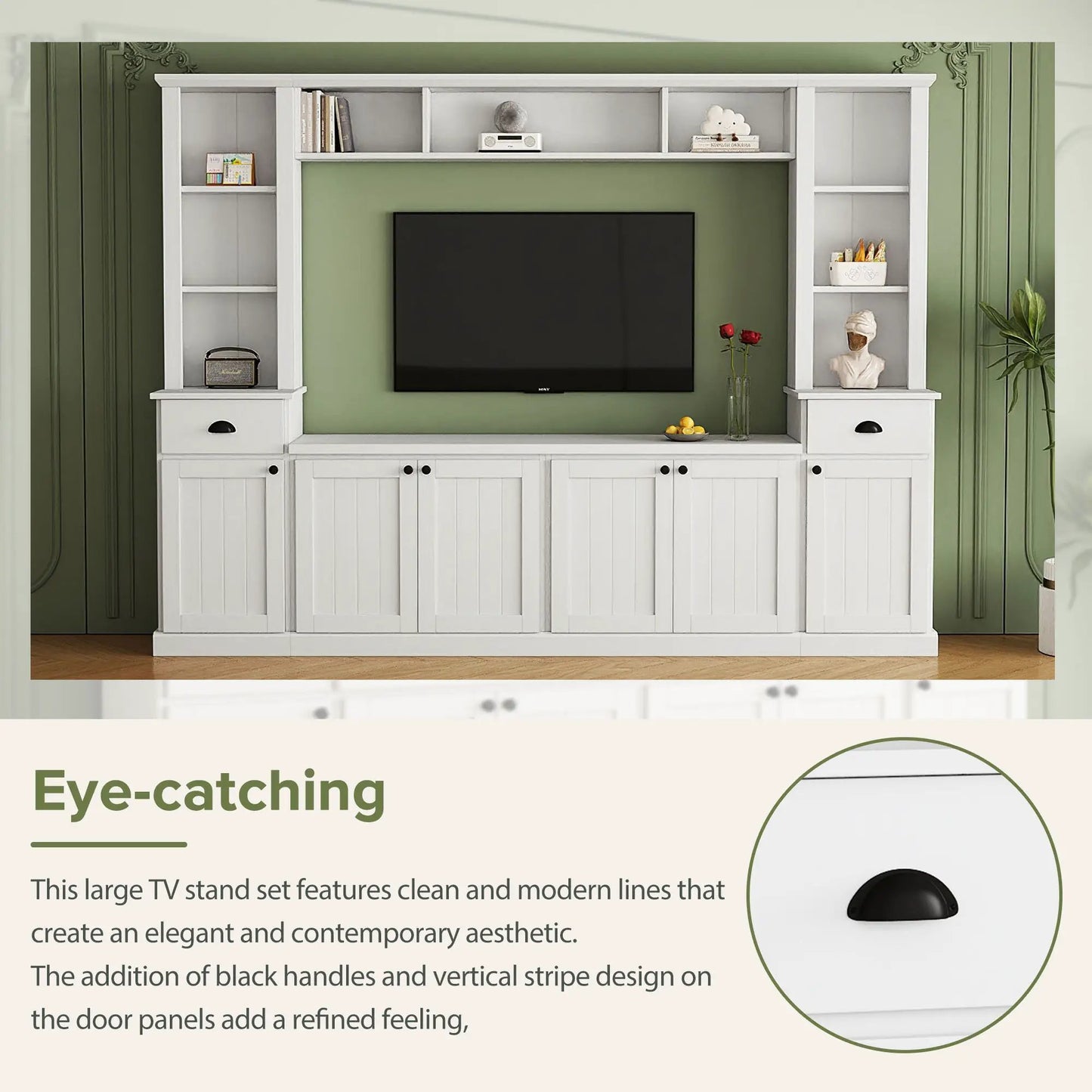 White minimalist entertainment wall unit with bridge for 75 TVs, side shelves on green backdrop on Tampa Home & Garden Store
