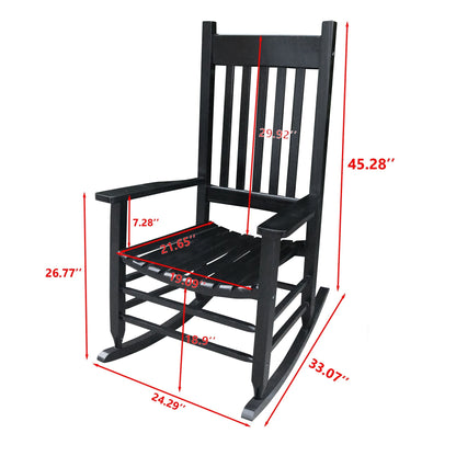 Black wooden porch rocker chair with slatted back and curved rockers on Tampa Home & Garden Store