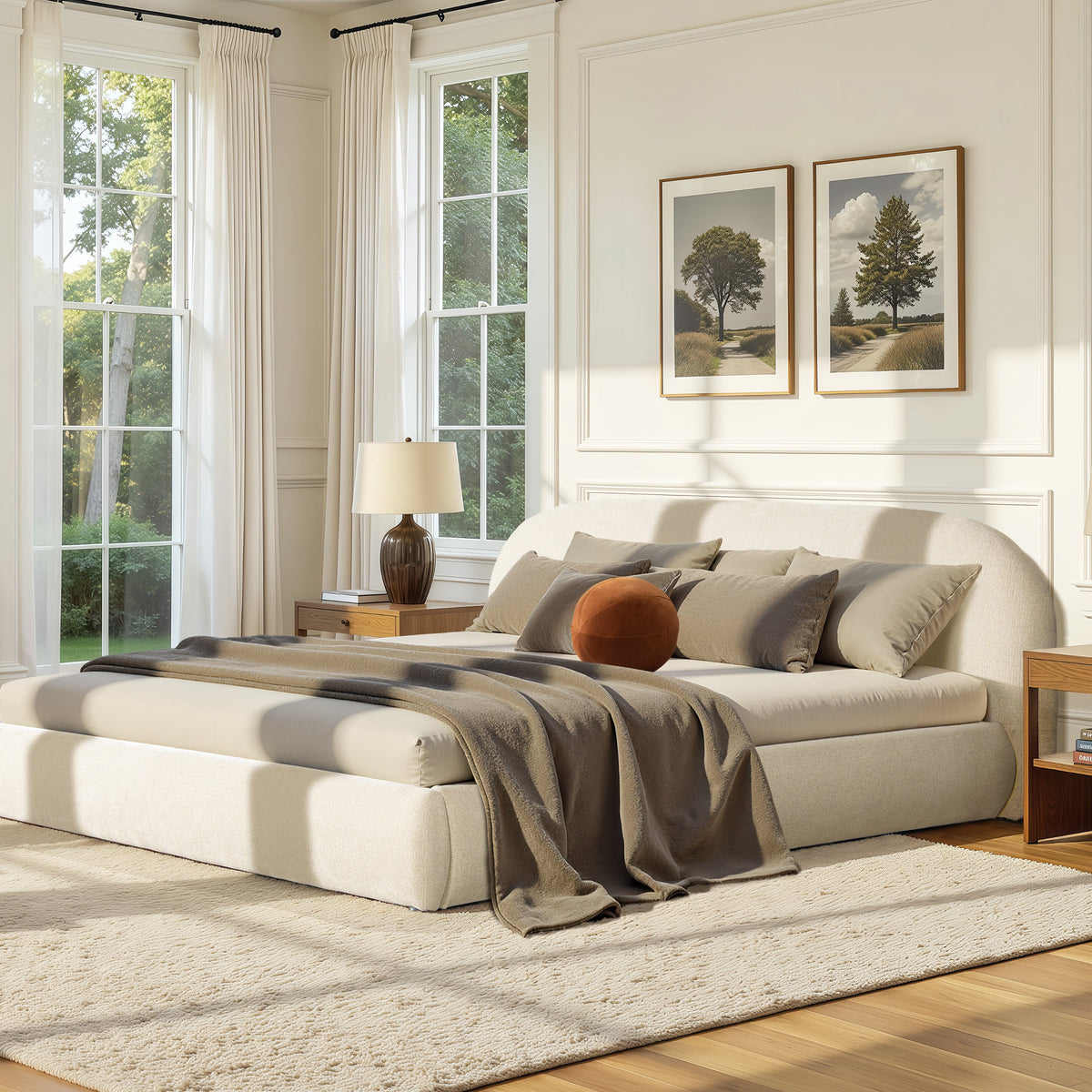 Archie Puffy Grounded Upholstered Platform Bed in Oatmeal Light with bedding HouseOfZazla on Tampa Home & Garden Store
