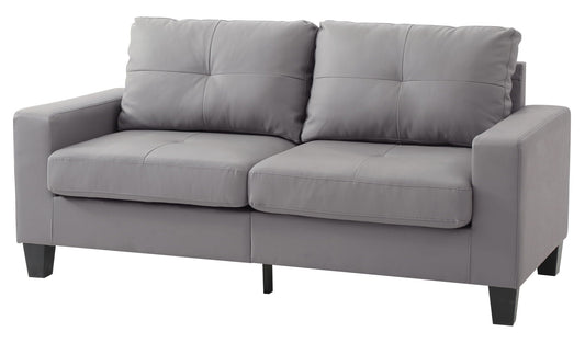 Stationary gray faux-leather sofa with two-seat cushions, black legs, HouseOfZazla on Tampa Home & Garden Store