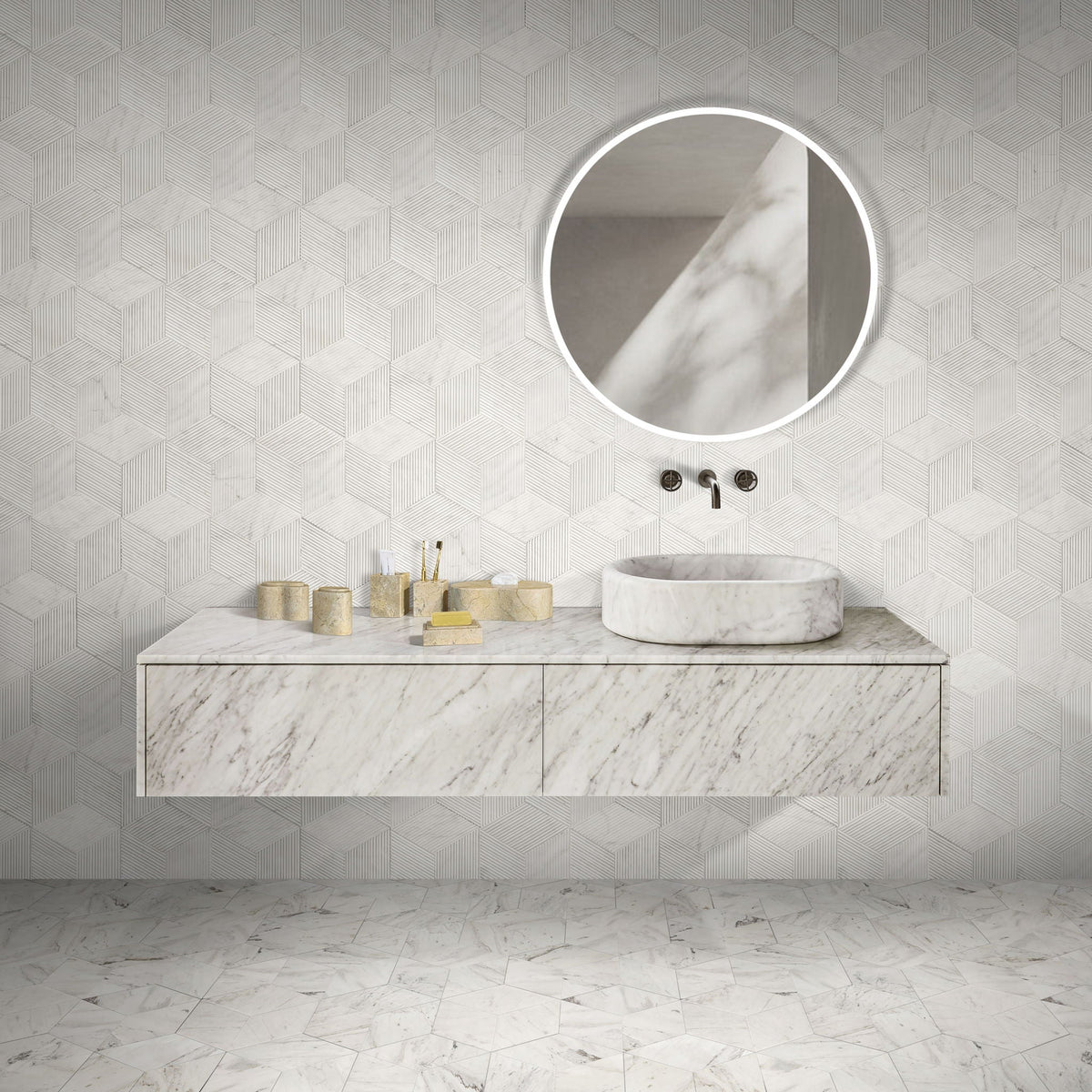 Elegant Bathroom Accessories Set by HouseOfZazla organza on marble vanity with tile backdrop on Tampa Home & Garden Store