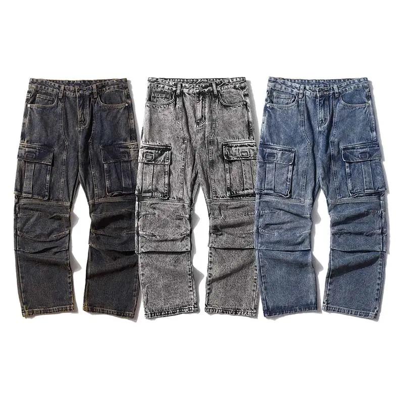Washed distressed multi-pocket cargo jeans 3-pack wide-leg pants in gray blue FLIPSTYLEZLLC on Tampa Home & Garden Store