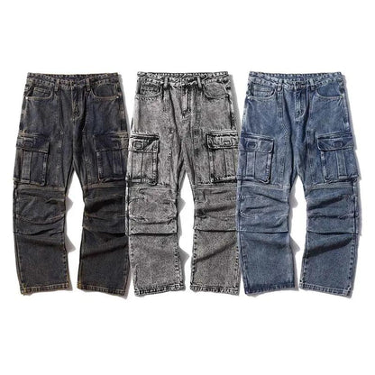 Washed distressed multi-pocket cargo jeans 3-pack wide-leg pants in gray blue FLIPSTYLEZLLC on Tampa Home & Garden Store