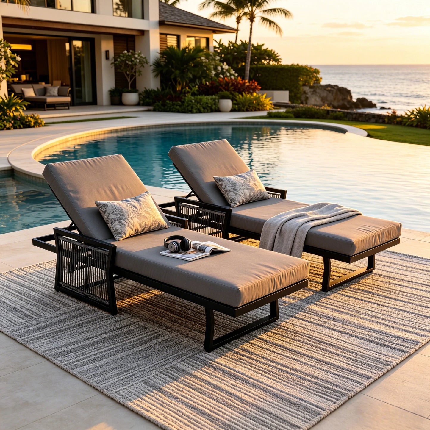Black Iron Outdoor Chaise with Mixed Rope