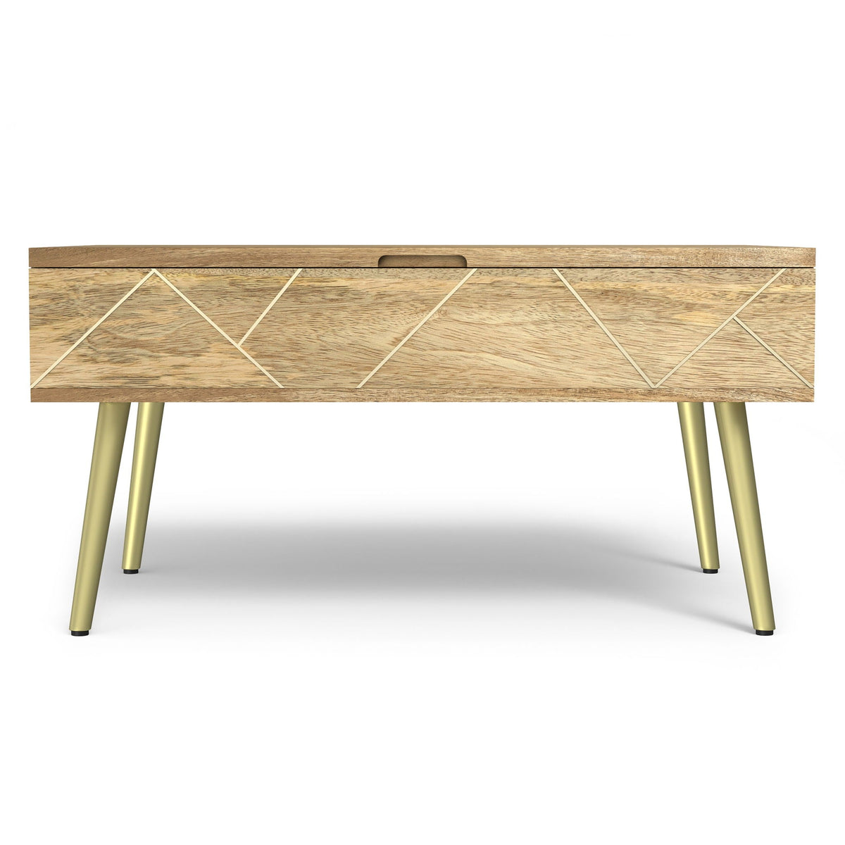 Handcrafted Lift Top Coffee Table and Storage in oak finish with lattice and gold legs on Tampa Home & Garden Store