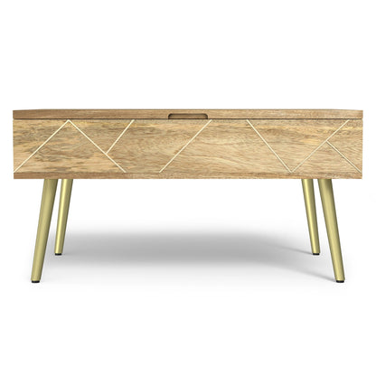 Handcrafted Lift Top Coffee Table and Storage in oak finish with lattice and gold legs on Tampa Home & Garden Store