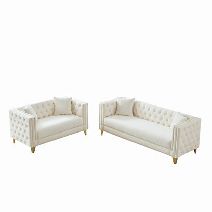 Deep seat sofa pair with button nailhead, cream upholstery, square arms by Unique Piece on Tampa Home & Garden Store