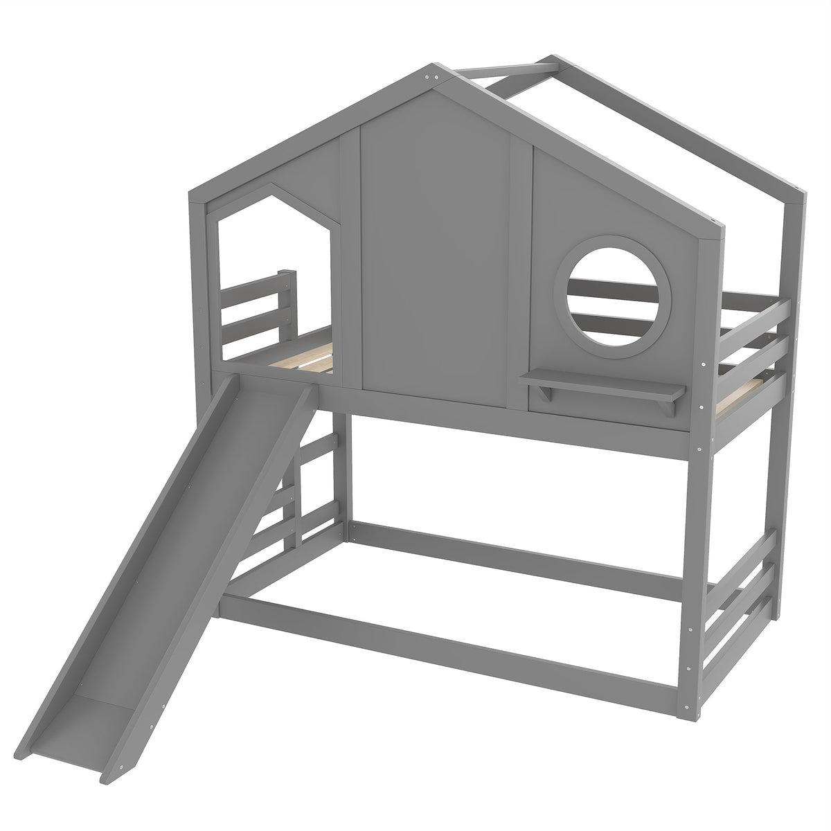 Twin House Bunk Bed with Slide and Storage Shelves, gray frame, roof peak, circular window on Tampa Home & Garden Store