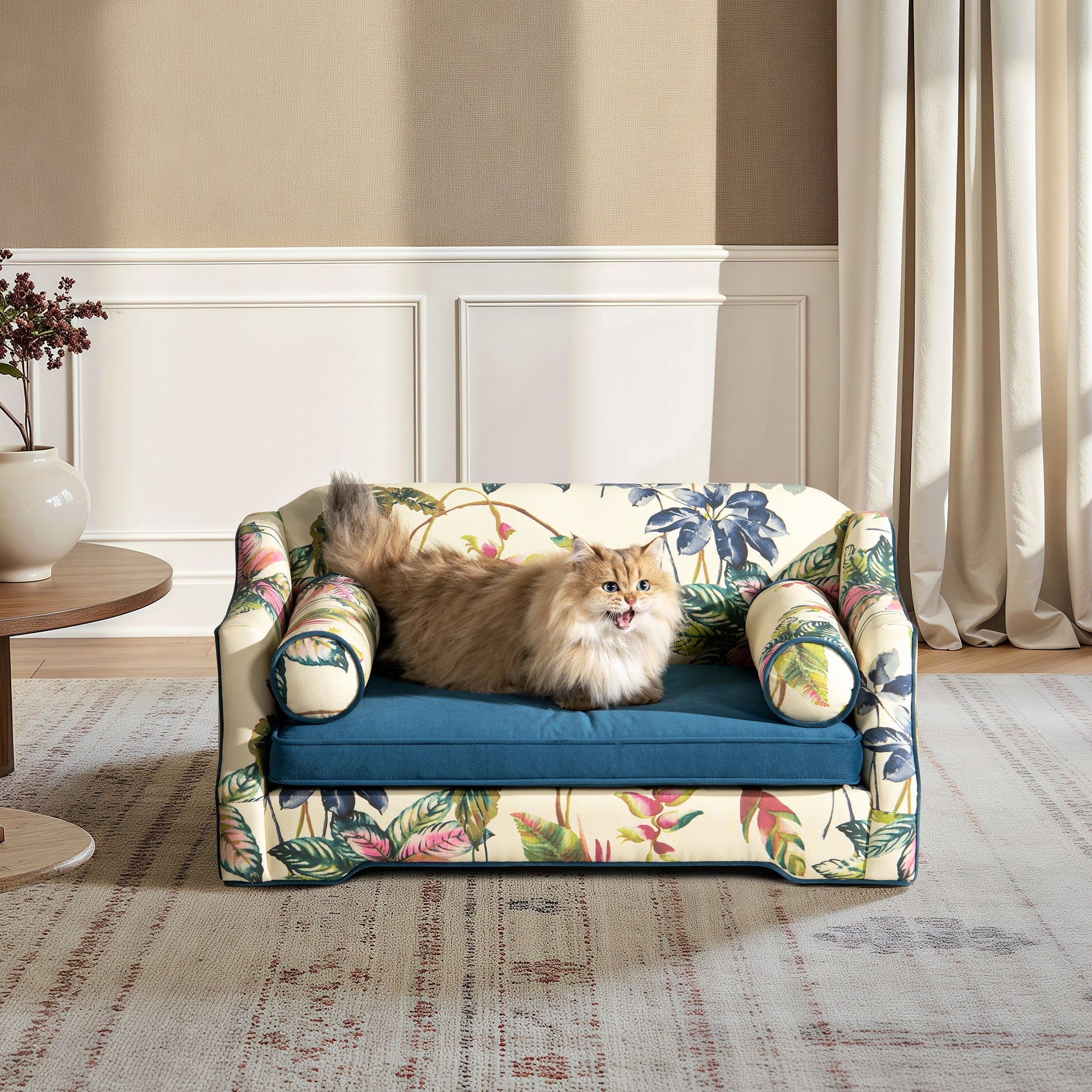 Paloma 35.5in Dog Sofa Bed, Medium by HouseOfZazla with floral print and blue seat on Tampa Home & Garden Store