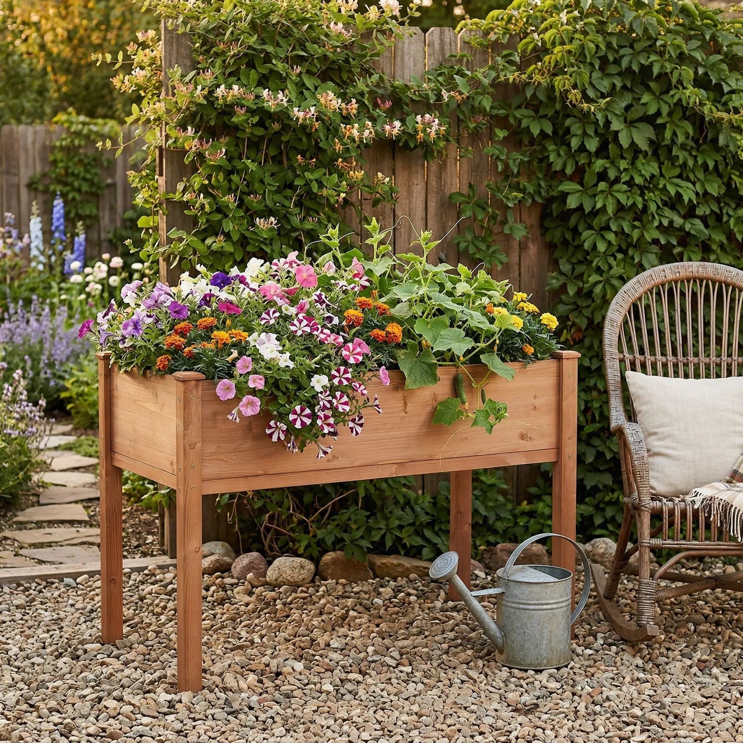 Elevated raised wood garden bed planter with colorful flowers Unique Piece Furniture on Tampa Home & Garden Store