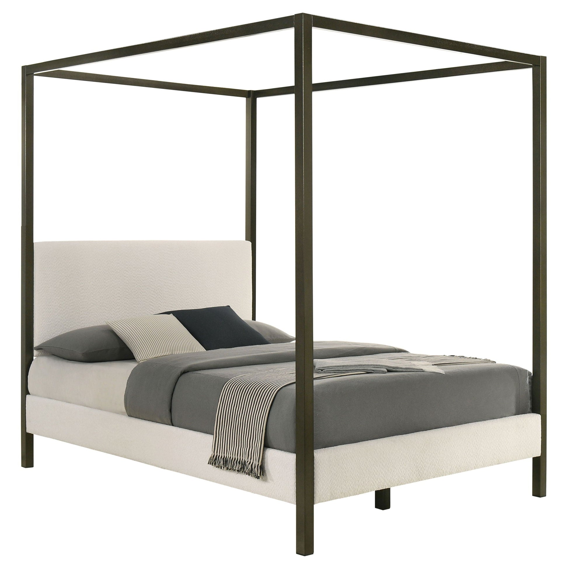 Mellie Canopy Bed frame dark bronze metal with white mattress and gray bedding on Tampa Home & Garden Store