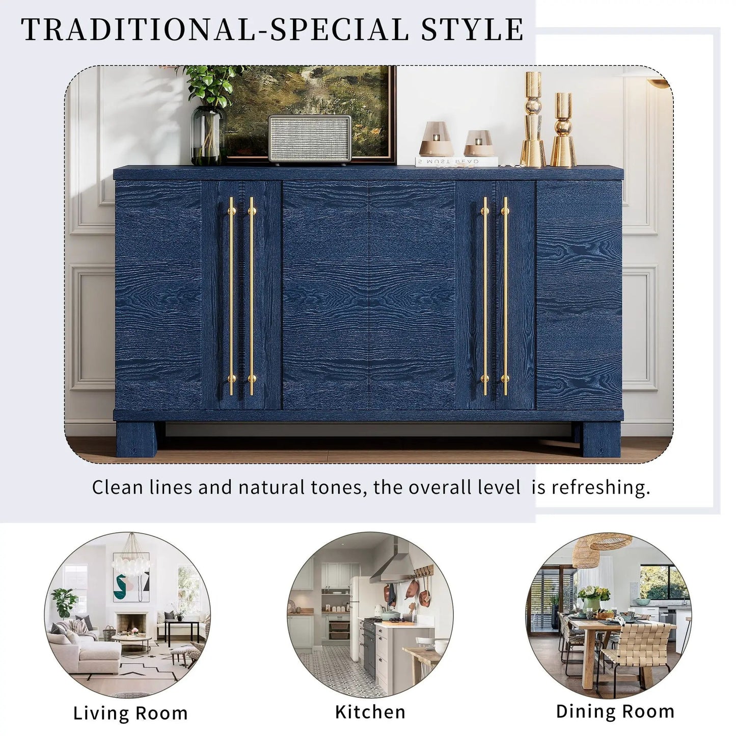 Navy sideboard with adjustable shelves and gold hardware by Unique Piece Furniture, vase on Tampa Home & Garden Store