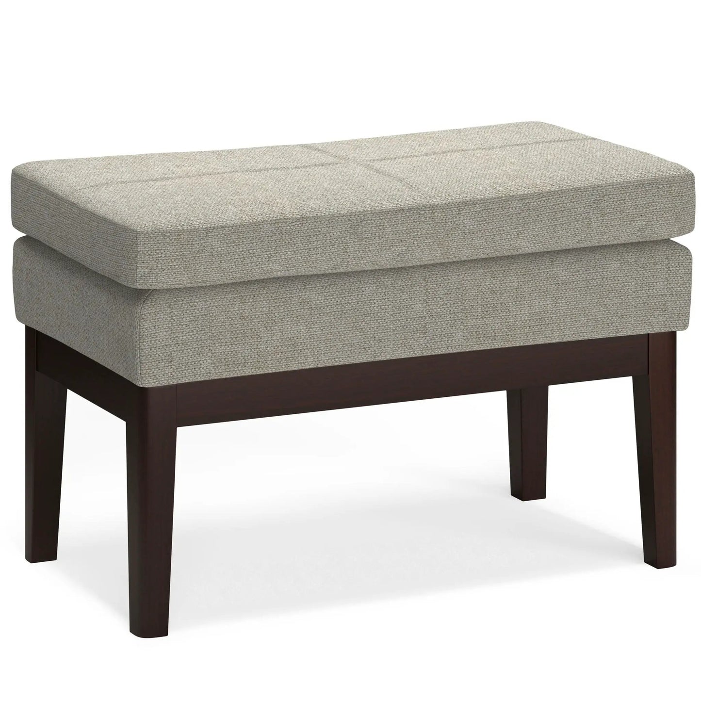 Carlson ottoman bench in beige woven fabric with dark wood legs, mid-century design on Tampa Home & Garden Store
