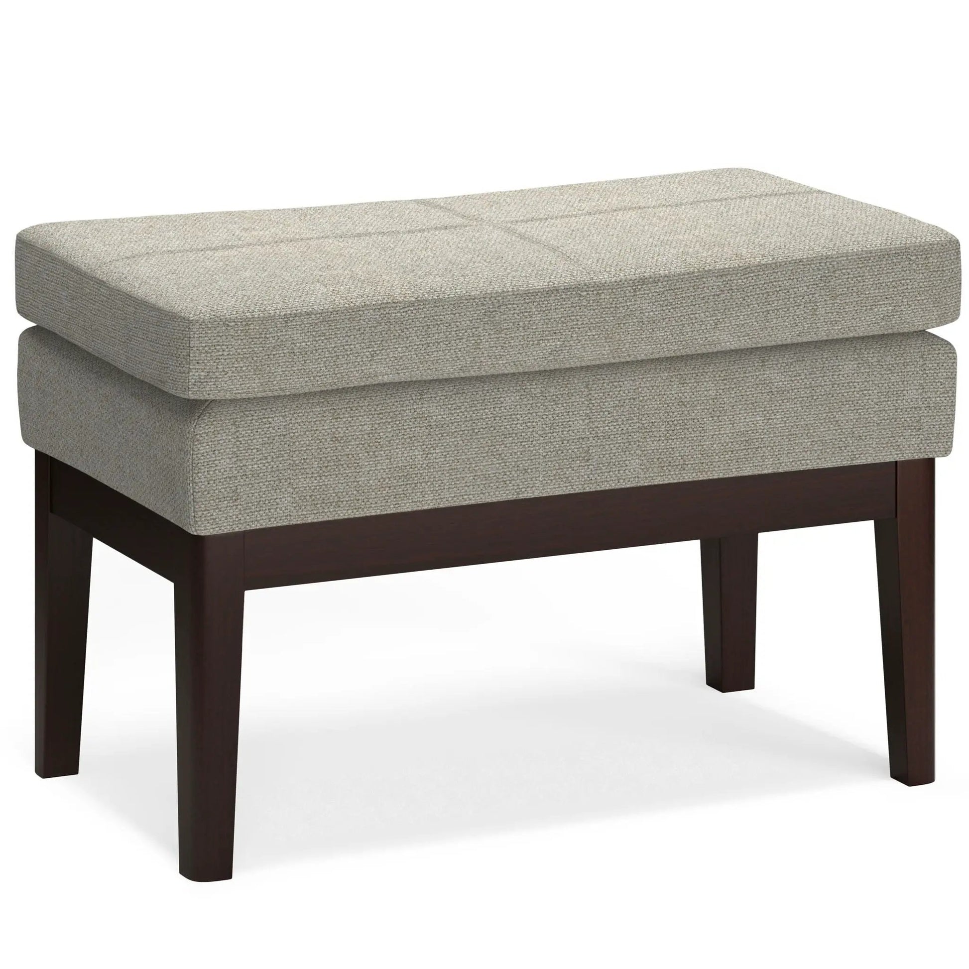 Carlson ottoman bench in beige woven fabric with dark wood legs, mid-century design on Tampa Home & Garden Store