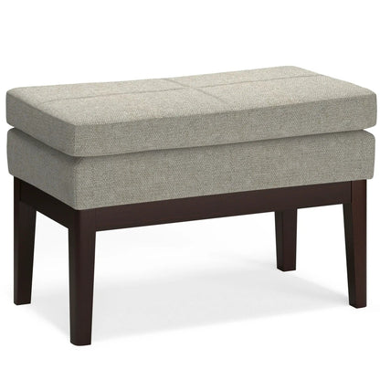 Carlson ottoman bench in beige woven fabric with dark wood legs, mid-century design on Tampa Home & Garden Store