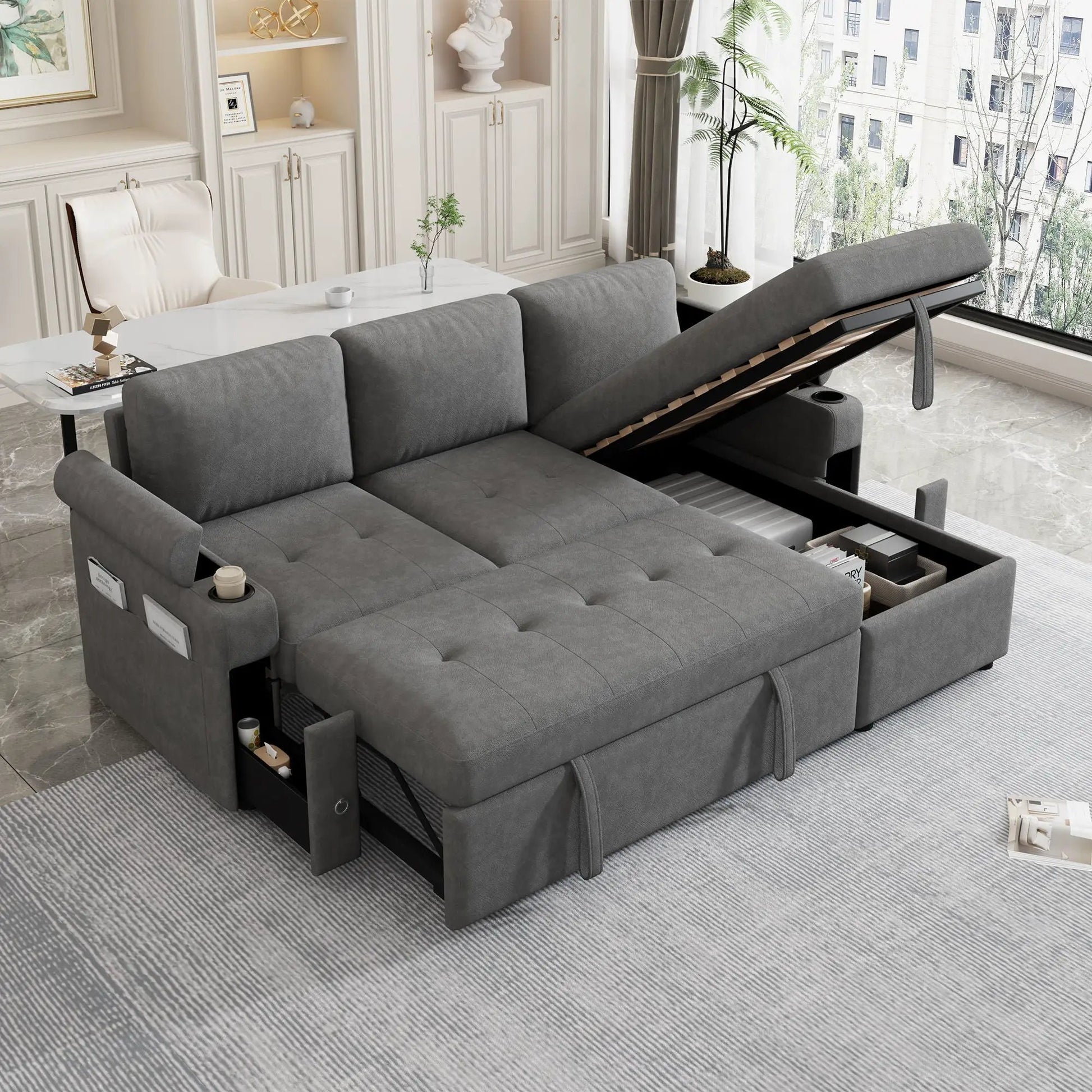 Convertible L-shaped sofa couch with storage, USB ports and cup holders in gray fabric on Tampa Home & Garden Store