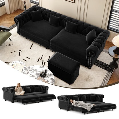 Chesterfield Sofa Bed - 3-in-1 Velvet in black, tufted back; nailhead trim shown in arrangements on Tampa Home & Garden Store