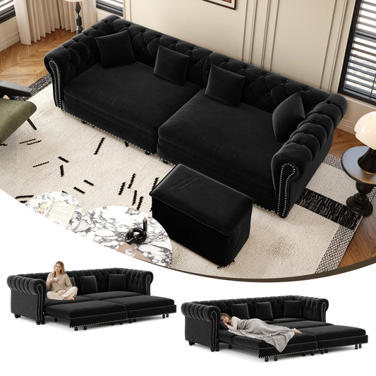 Chesterfield Sofa Bed - 3-in-1 Velvet in black, tufted back; nailhead trim shown in arrangements on Tampa Home & Garden Store