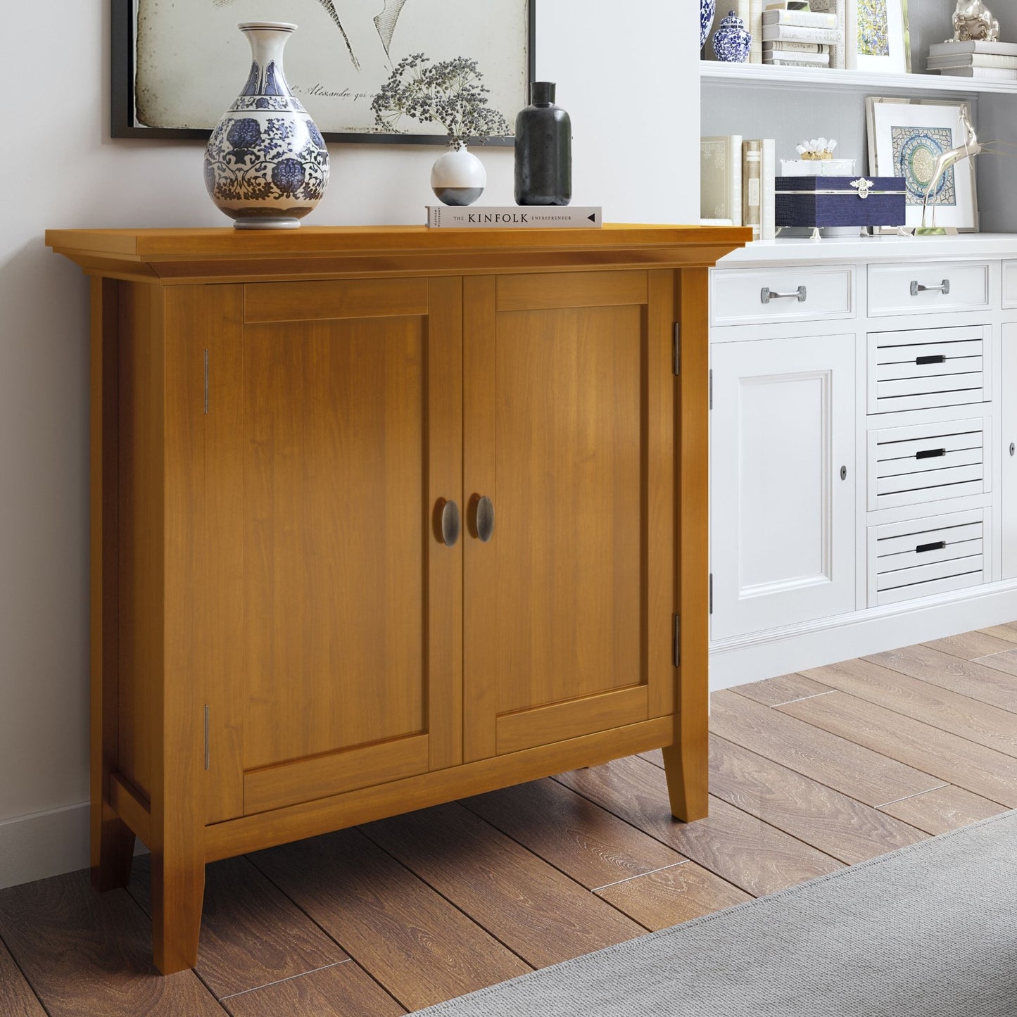 Redmond handcrafted low storage cabinet, natural wood finish, HouseOfZazla accent cabinet on Tampa Home & Garden Store
