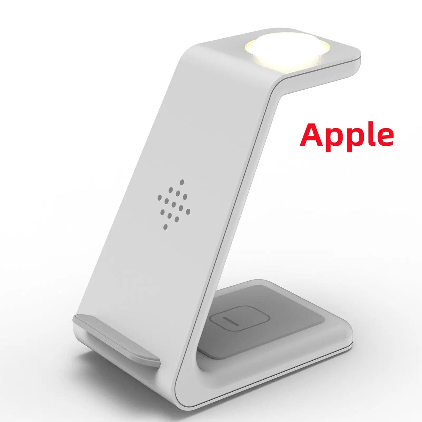 3-in-1 wireless charging station stand white/gray with circular top pad Apple text on image on Tampa Home & Garden Store