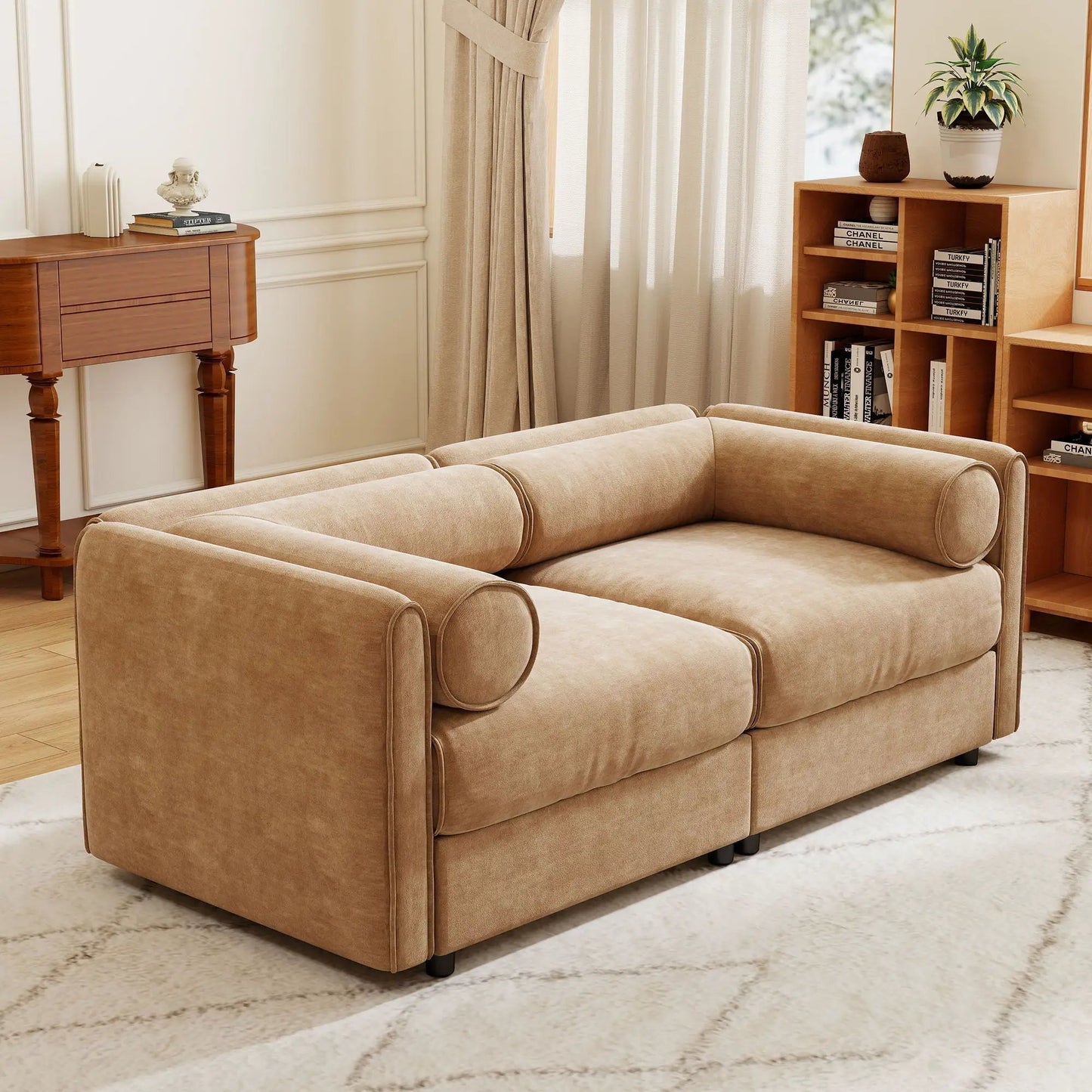 Stylish Sofa With Storage Seat And Cylindrical Backrest beige fabric with rounded arms on Tampa Home & Garden Store