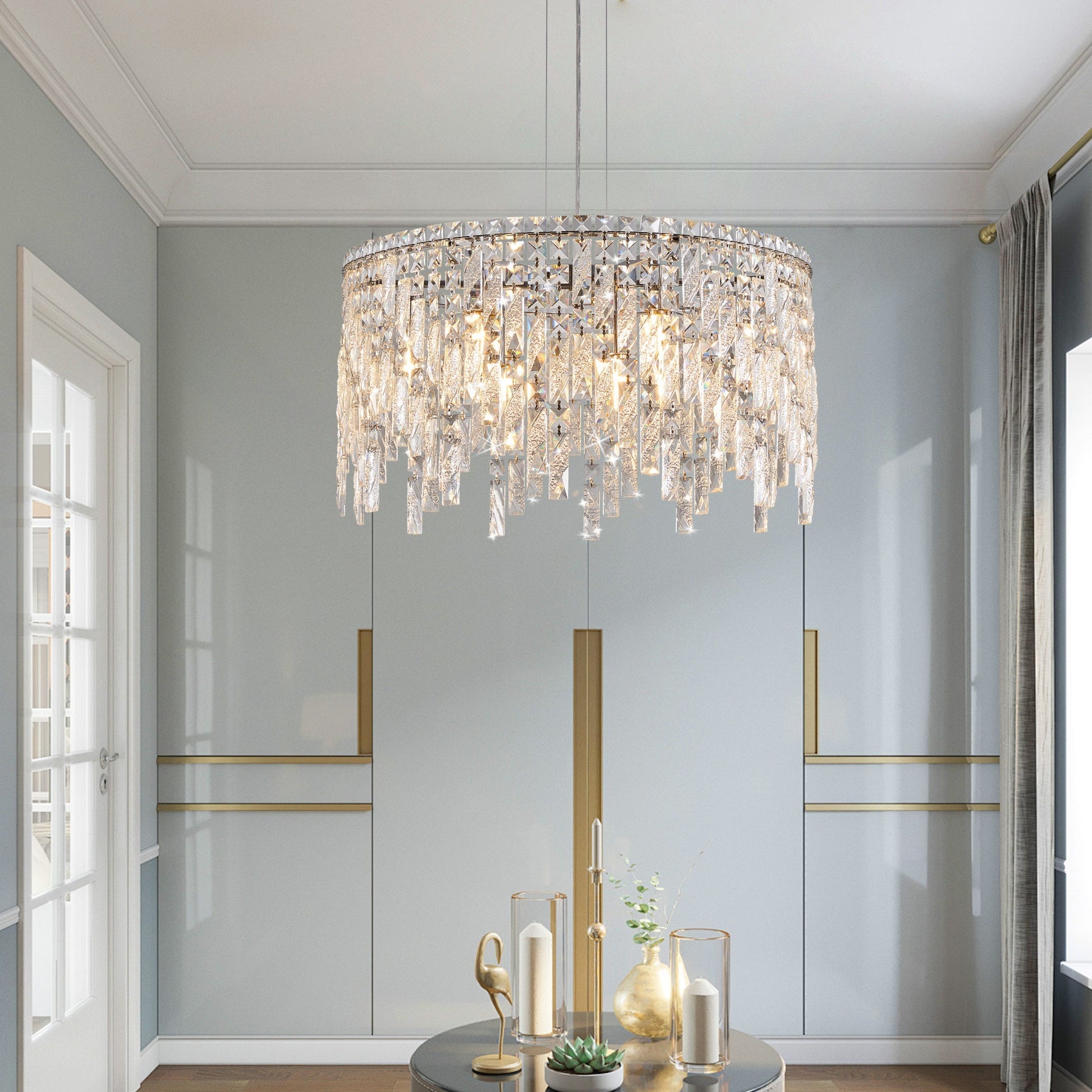 24in Luxurious Round Silver Crystal Chandelier by HouseOfZazla with crystal prisms on Tampa Home & Garden Store
