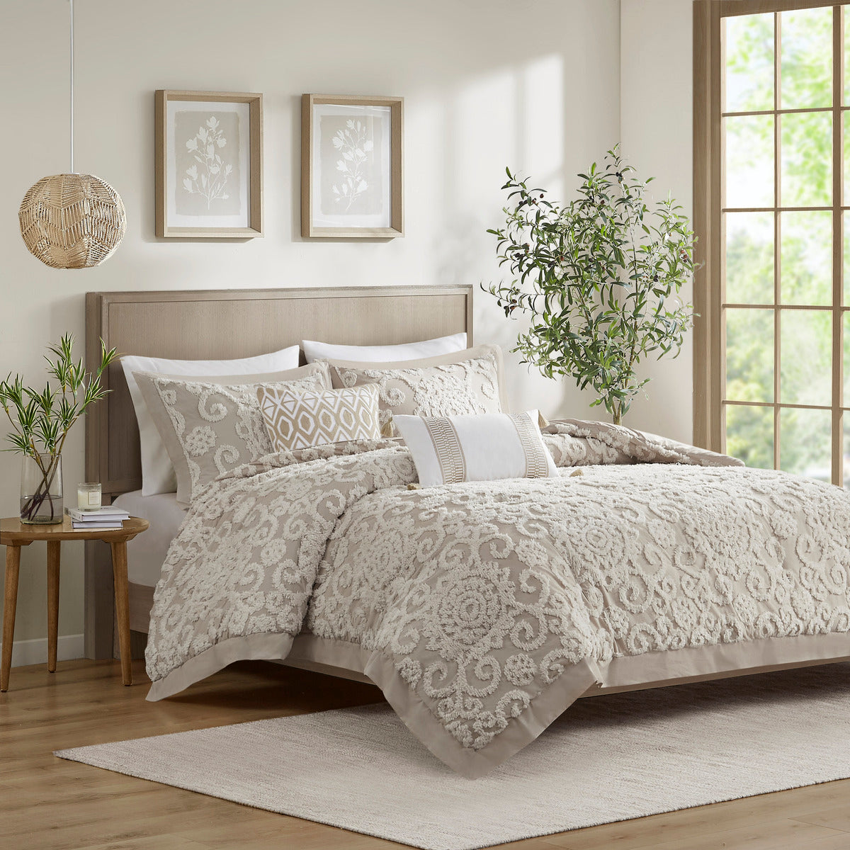Cotton Comforter Mini Set Taupe King on bed with ornate textured quilt and neutral pillows on Tampa Home & Garden Store