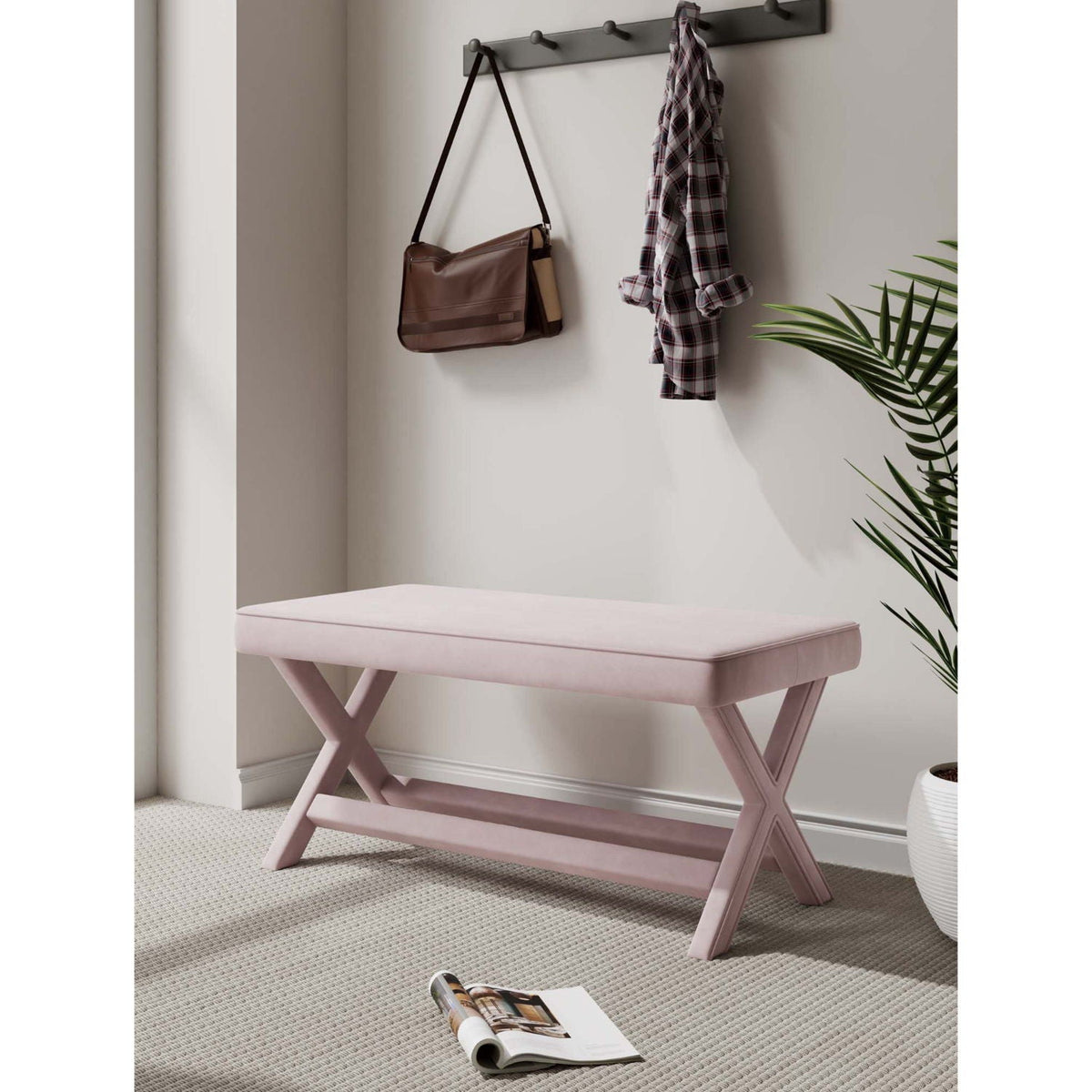 HouseOfZazla accent bench with piped cushion in pastel pink and solid wood crisscross legs on Tampa Home & Garden Store