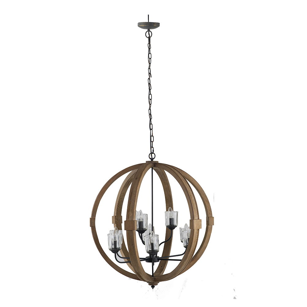 Chandelier spherical wooden orb with six glass candle lamps, brown finish, HouseOfZazla on Tampa Home & Garden Store