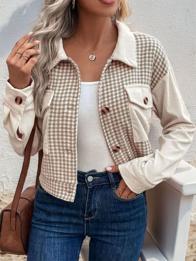 Women's houndstooth button-up long sleeve jacket in beige cream with pocketed front by Stevvex on Tampa Home & Garden Store