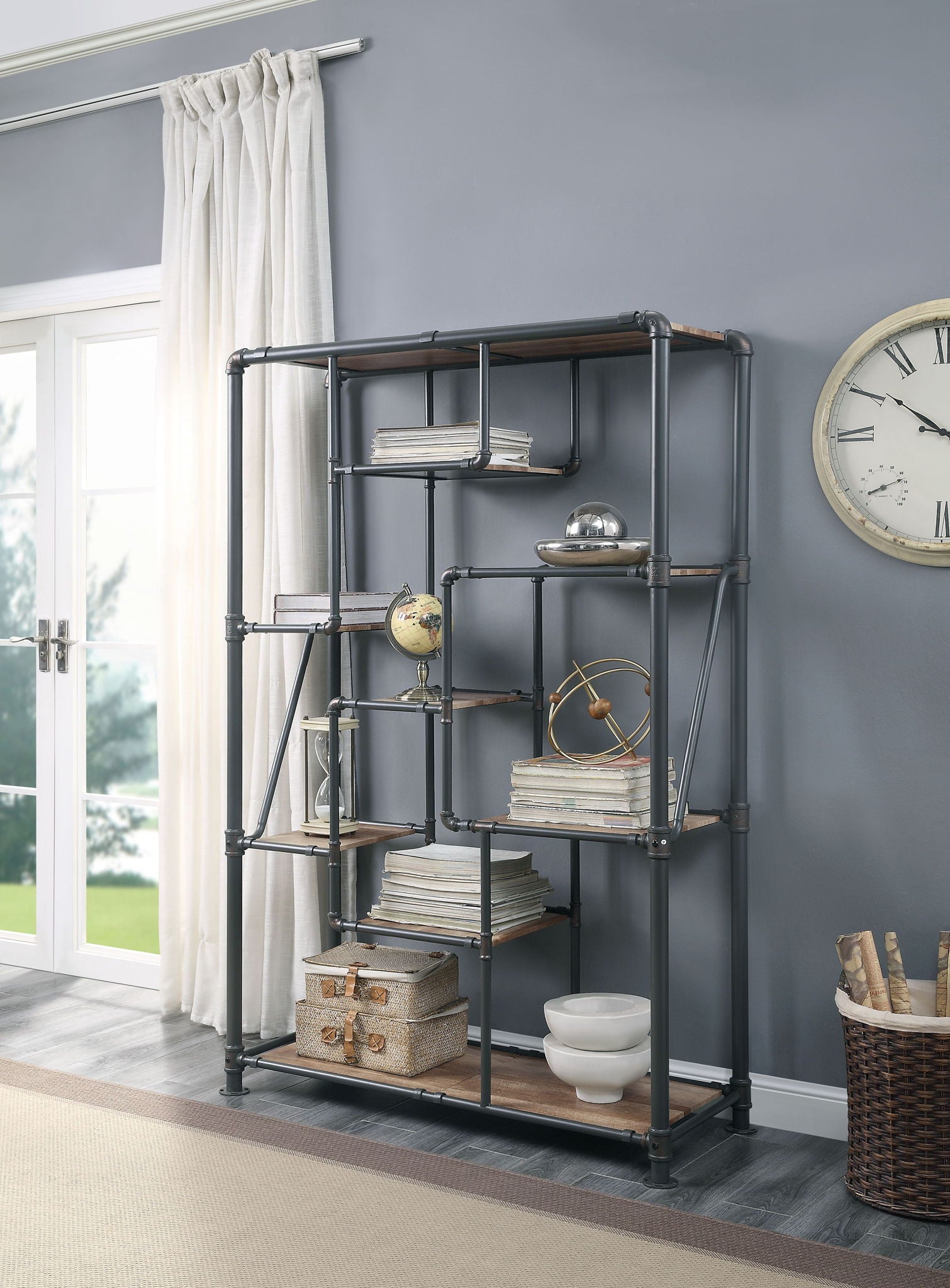 Brantley Antique Oak etageres by HouseOfZazla with black metal frame & wood shelves decor on Tampa Home & Garden Store