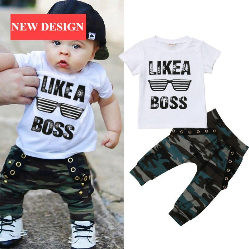 Stevvex toddler outfit set white LIKE A BOSS tee with camo pants for baby boy on Tampa Home & Garden Store