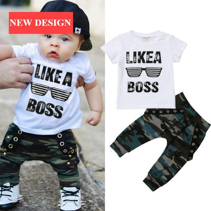 Stevvex toddler outfit set white LIKE A BOSS tee with camo pants for baby boy on Tampa Home & Garden Store