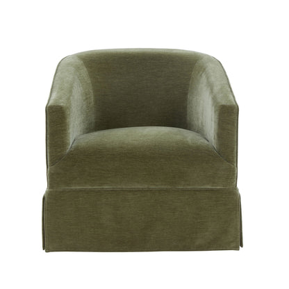 Skirted swivel chair 360° rotation in olive green velvet upholstery with rounded arms on Tampa Home and Garden Store