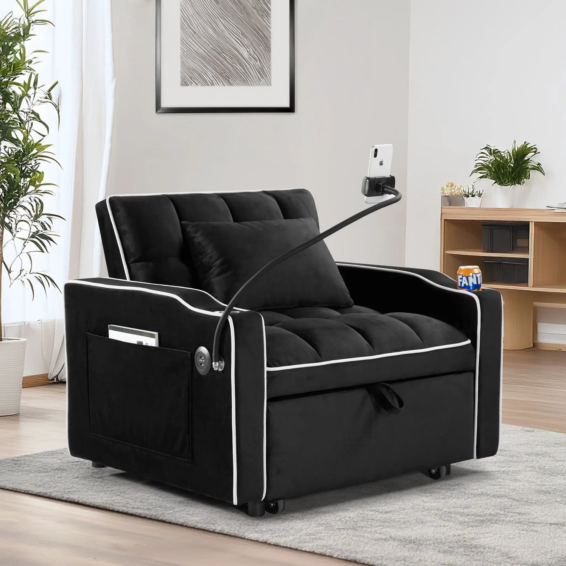 Sleeper chair sofa bed in black fabric with white piping, 3-in-1 folding design on Tampa Home & Garden Store