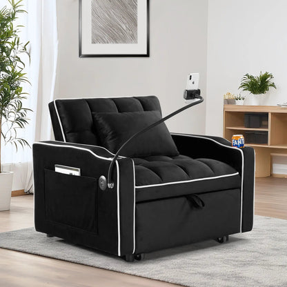 Sleeper chair sofa bed in black fabric with white piping, 3-in-1 folding design on Tampa Home & Garden Store